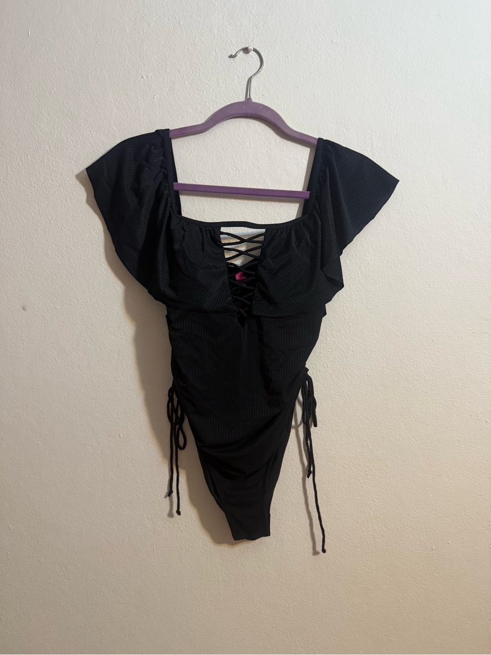 YMI Black Lace-Up Flutter Sleeve One-Piece Swimsuit